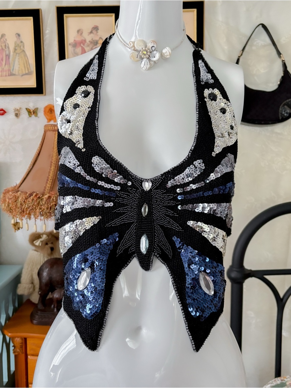 Y2K vintage whimsy fairy euro girly butterfly sequin and beaded knit halter top